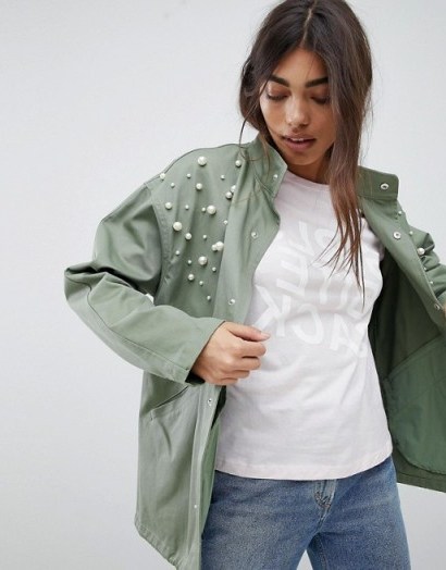 ASOS DESIGN Pearl Jacket in Khaki ~ green embellished jackets - flipped
