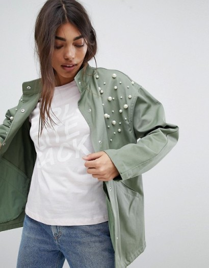 ASOS DESIGN Pearl Jacket in Khaki ~ green embellished jackets