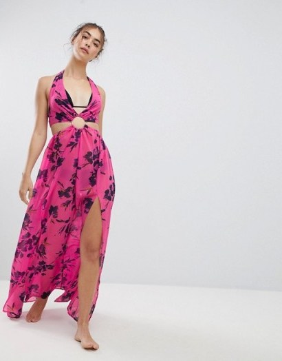 ASOS DESIGN Pinky Floral Chiffon Maxi Beach Dress With Ring – holiday halter dresses – halterneck beachwear - flipped