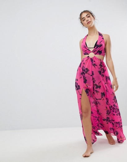 ASOS DESIGN Pinky Floral Chiffon Maxi Beach Dress With Ring – holiday halter dresses – halterneck beachwear