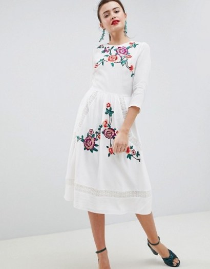 ASOS DESIGN Premium Lace Embroiderd Midi Dress With Open Back / white floral dresses - flipped