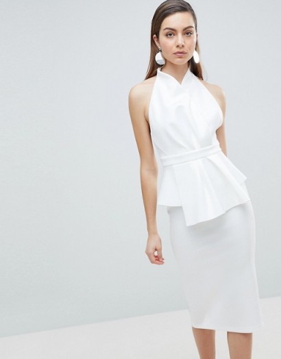 ASOS DESIGN premium scuba halter wrap midi dress ~ white peplum waist party dresses