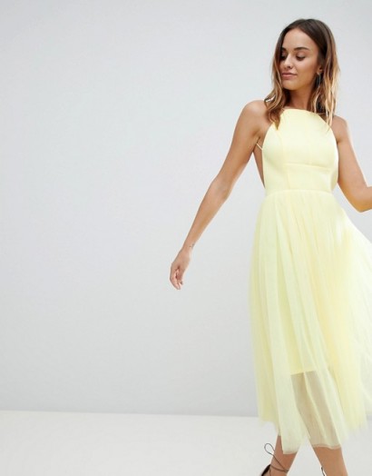 ASOS DESIGN premium scuba pinny midi tulle dress ~ yellow open back party dresses