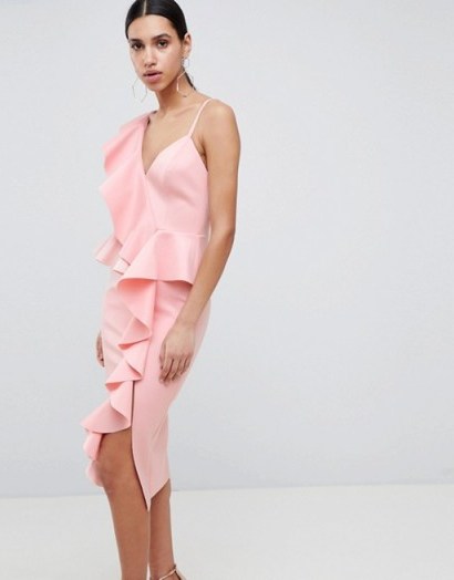 ASOS DESIGN scuba asymmetric ruffle front midi dress in pink - flipped