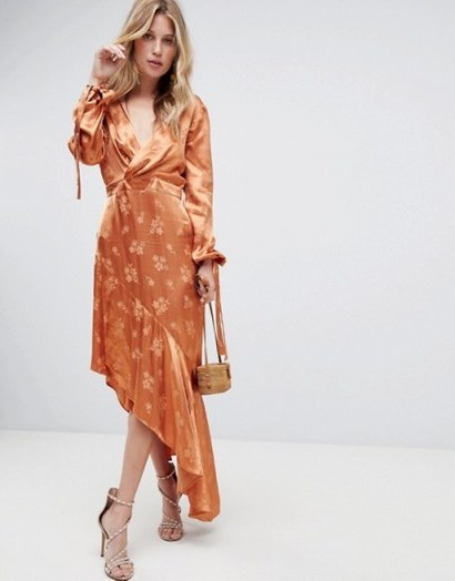 ASOS DESIGN Soft Floral Jacquard Midi Dress With Asymmetric Hem | slinky rust-orange plunge front dresses | open back - flipped