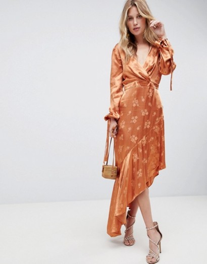 ASOS DESIGN Soft Floral Jacquard Midi Dress With Asymmetric Hem | slinky rust-orange plunge front dresses | open back