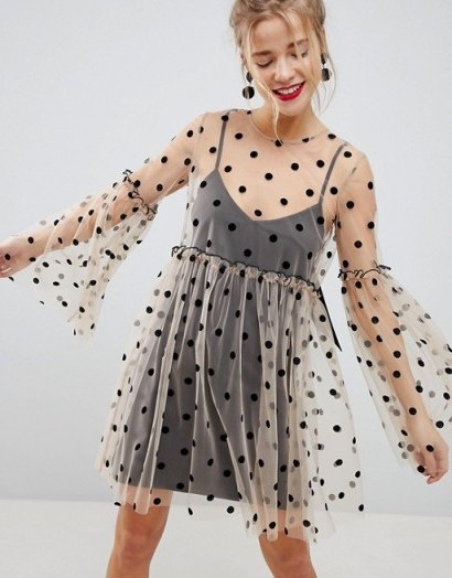 ASOS Sheer Smock Mini Dress in Spot Mesh – wide sleeve floaty dresses - flipped