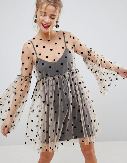 ASOS Sheer Smock Mini Dress in Spot Mesh – wide sleeve floaty dresses