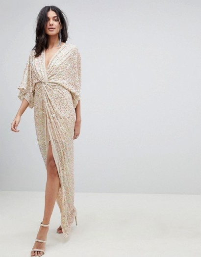 ASOS DESIGN Tall sequin kimono maxi dress – long nude party dresses