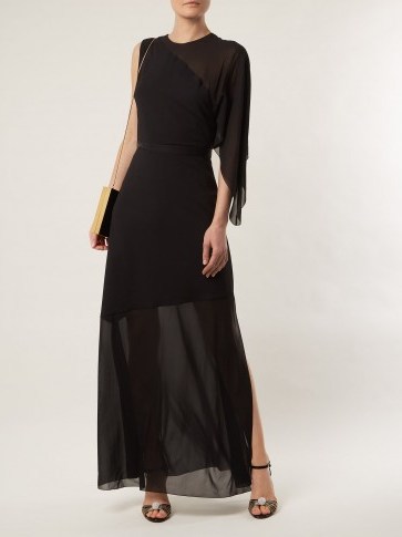 LANVIN Asymmetric draped-sleeve silk-blend gown ~ black semi sheer open back gowns - flipped