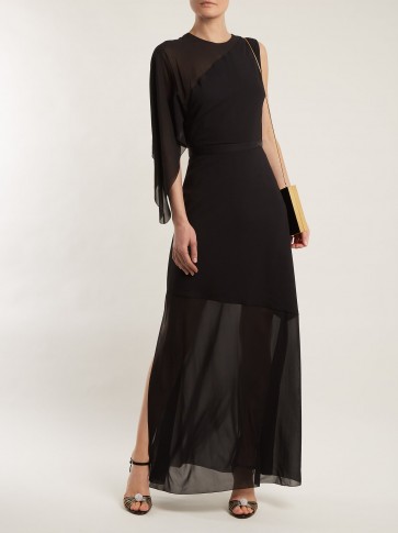 LANVIN Asymmetric draped-sleeve silk-blend gown ~ black semi sheer open back gowns
