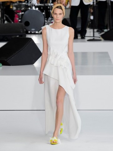 DELPOZO White Asymmetrical ruffle-trimmed skirt ~ long front split skirts - flipped