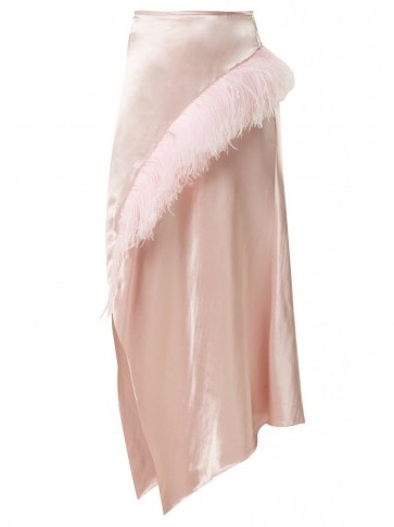 MARQUES’ALMEIDA Asymmetric-hem feather-embellished satin skirt | pink side slit skirts - flipped