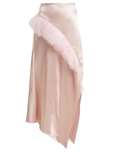 MARQUES’ALMEIDA Asymmetric-hem feather-embellished satin skirt | pink side slit skirts