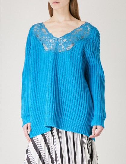BALENCIAGA V-neck oversized turquoise wool jumper / blue slouchy designer sweaters - flipped