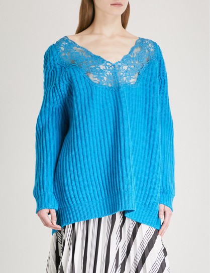 BALENCIAGA V-neck oversized turquoise wool jumper / blue slouchy designer sweaters