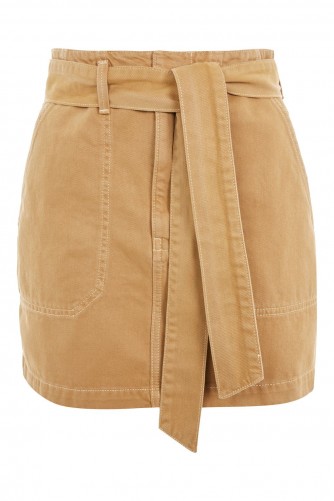 Topshop Belted Tan Denim Skirt | light-brown skirts