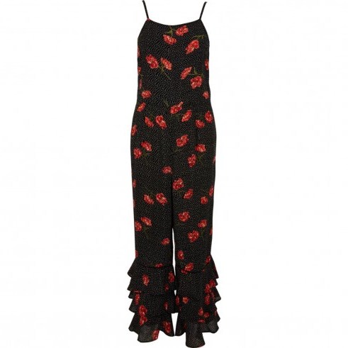 River Island Black floral print tiered frill cami jumpsuit ~ strappy jumpsuits - flipped