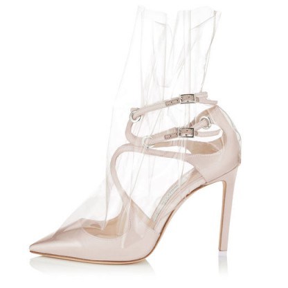 OFF-WHITE CO JIMMY CHOO CLAIRE 100 White Satin Pointy Toe Pumps with Ruched TPU ~ clear plastic covered shoes - flipped