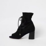 River Island Black suede laser cut block heel shoe boots | chunky heels
