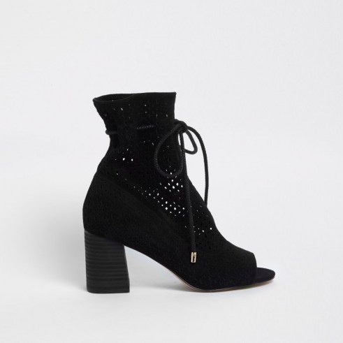 River Island Black suede laser cut block heel shoe boots | chunky heels - flipped