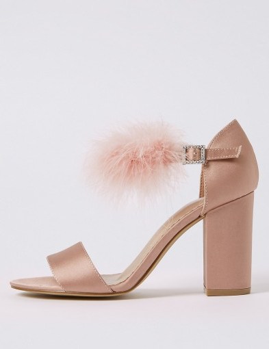M&S COLLECTION Block Heel Fur Ankle Strap Sandals / fluffy chunky heeled shoes - flipped
