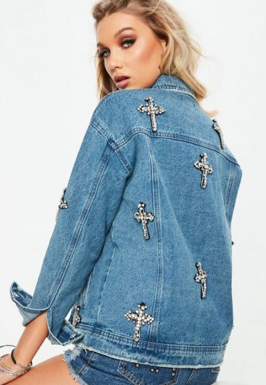 Missguided blue denim embellished cross oversized jacket | jewelled crosses - flipped