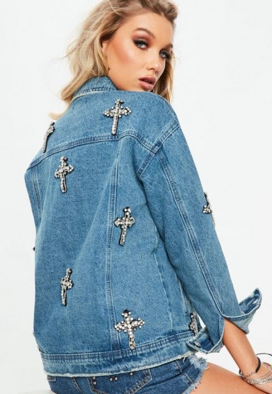Missguided blue denim embellished cross oversized jacket | jewelled crosses