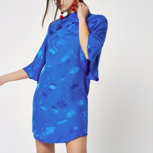 River Island Blue jacquard high neck swing dress – oriental style party dresses - flipped