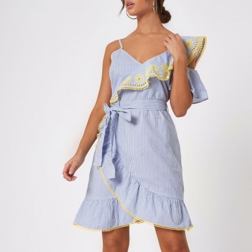 River Island Blue stripe broderie cold shoulder dress – ruffled summer dresses - flipped