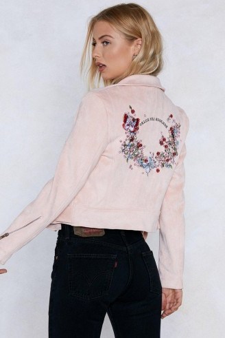 NASTY GAL Bonjour Les Filles Vegan Leather Moto Jacket ~ pink back embroidered jackets - flipped