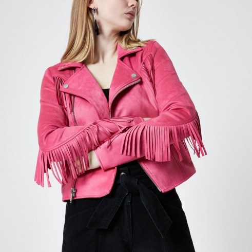 River Island Bright pink faux suede fringed biker jacket - flipped