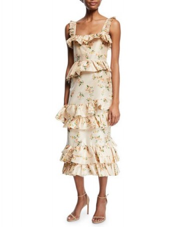 Brock Collection Daria Floral-Print Tiered Taffeta Corset Midi Dress / feminine ruffle trim dresses