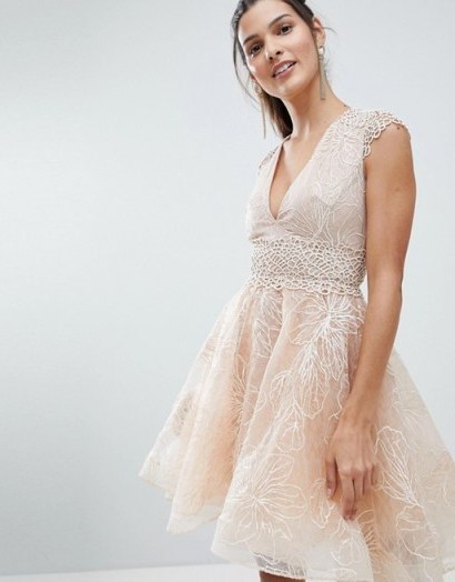 Bronx and Banco Embellished Skater Dress ~ nude fit and flare party dresses - flipped