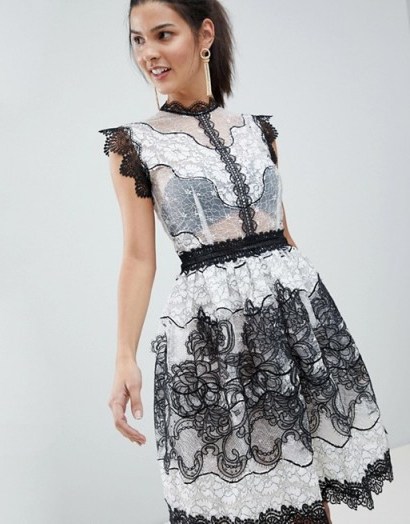 Bronx and Banco Monochrome Lace Mini Dress ~ black and white party dresses - flipped