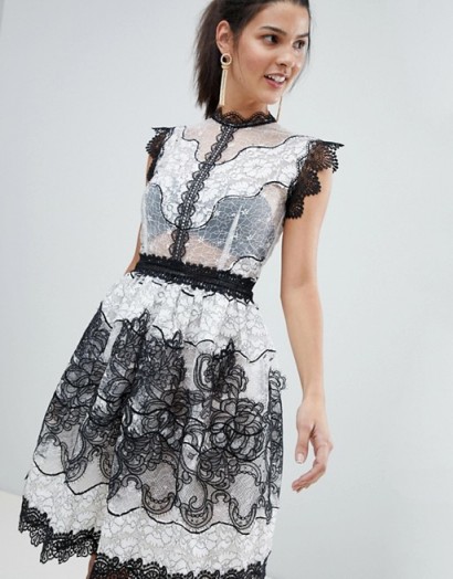 Bronx and Banco Monochrome Lace Mini Dress ~ black and white party dresses