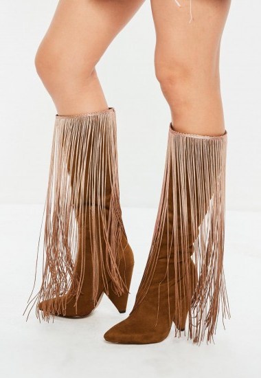 Missguided brown cone heel tassel boots – fringed footwear – boho style - flipped