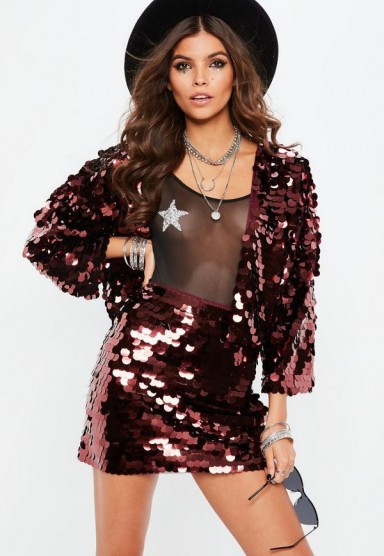 Missguided burgundy large disc sequin mini skirt | shimmering going out skirts