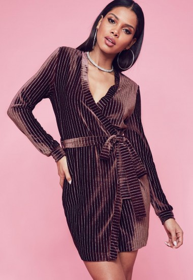 Missguided burgundy velvet pinstripe belted wrap shift dress | striped party dresses