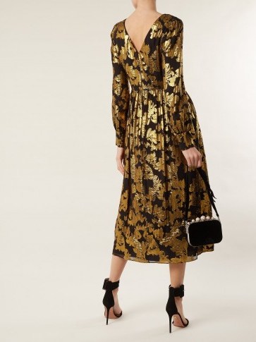 SALONI Camille floral-jacquard Lurex dress ~ metallic-gold V-back dresses - flipped