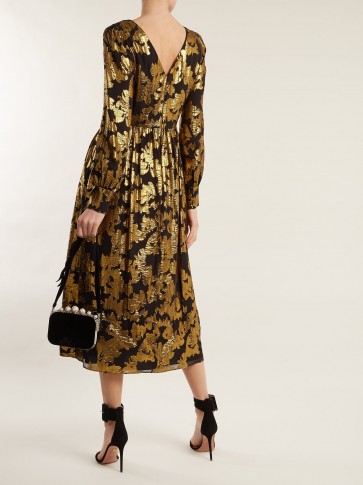 SALONI Camille floral-jacquard Lurex dress ~ metallic-gold V-back dresses