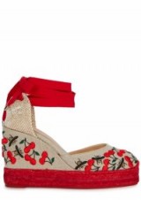 SOPHIA WEBSTER Lucita red and taupe floral espadrille wedge sandals | ankle wrap wedges