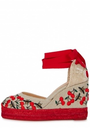 SOPHIA WEBSTER Lucita red and taupe floral espadrille wedge sandals | ankle wrap wedges - flipped