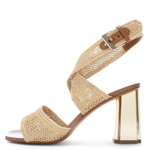 ROBERT CLERGERIE Zorap Beige Raffia Gold Heel Sandals – metallic chunky heels - flipped