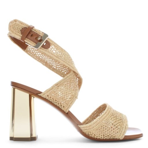 ROBERT CLERGERIE Zorap Beige Raffia Gold Heel Sandals – metallic chunky heels