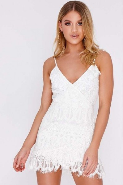 IN THE STYLE CLOEY CREAM FRILL LACE WRAP DRESS – strappy party dresses - flipped