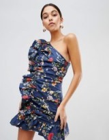 C/meo Collective One Shoudler Ruffle Dress | navy-blue floral party dresses