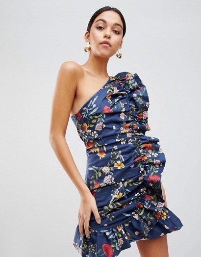 C/meo Collective One Shoudler Ruffle Dress | navy-blue floral party dresses - flipped