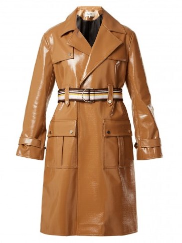 DIANE VON FURSTENBERG Contrast-belt vinyl trench coat ~ shiny caramel-brown coats - flipped