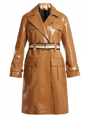 DIANE VON FURSTENBERG Contrast-belt vinyl trench coat ~ shiny caramel-brown coats